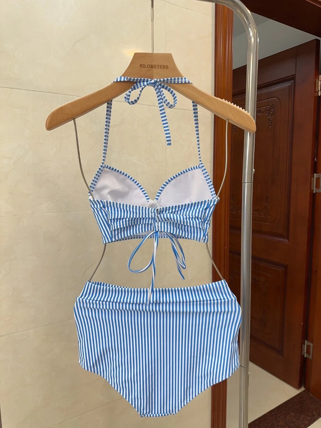 Unbranded Swimwear Blue and white striped lace-up halter bikini set image 3