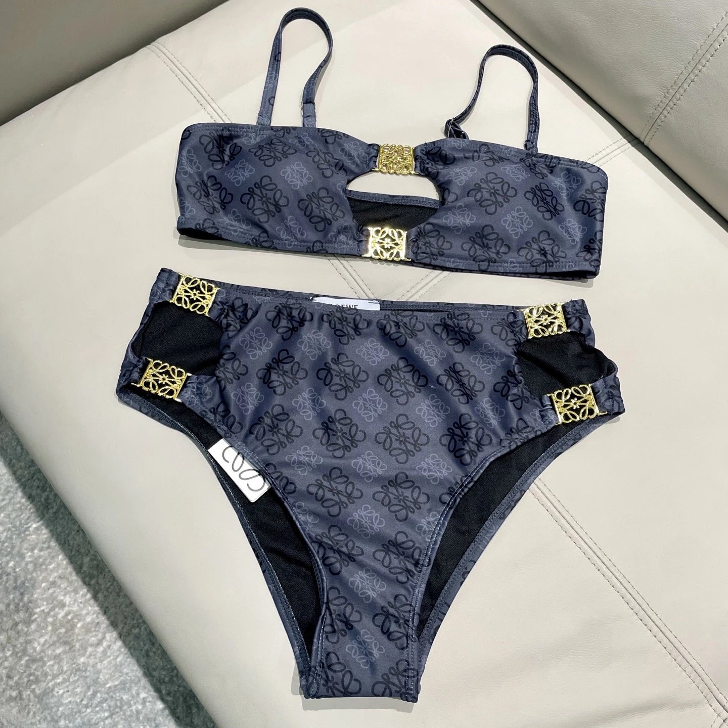 Loewe Swimwear Triangle Bikini Set with Tie-Side Bottoms — Dark gray