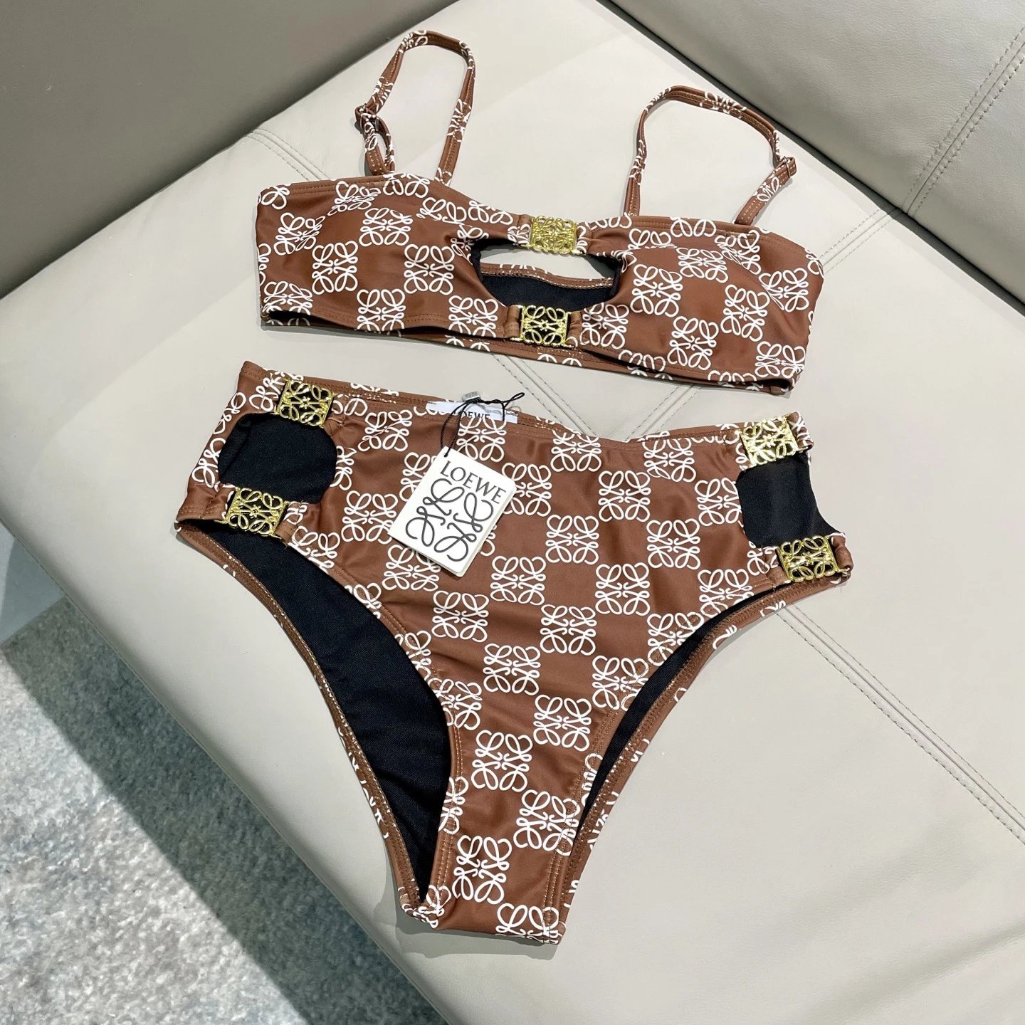 Loewe Swimwear Triangle Bikini Set with Tie-Side Bottoms — Coffee color