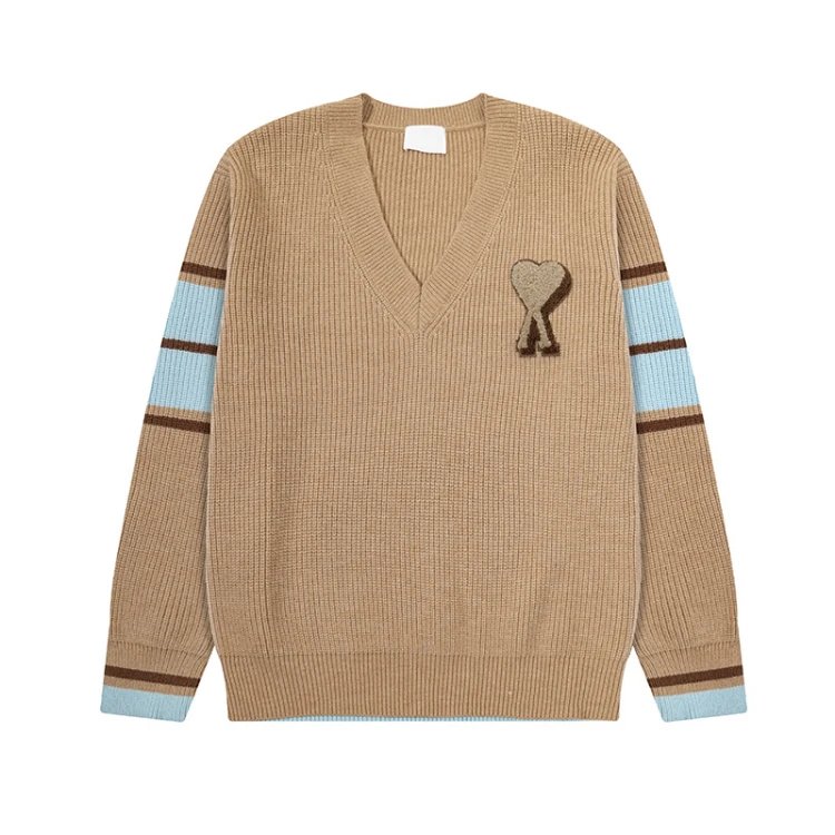 AMI Paris Knitwear V-neck knit sweater with heart applique and striped sleeves — Camel color