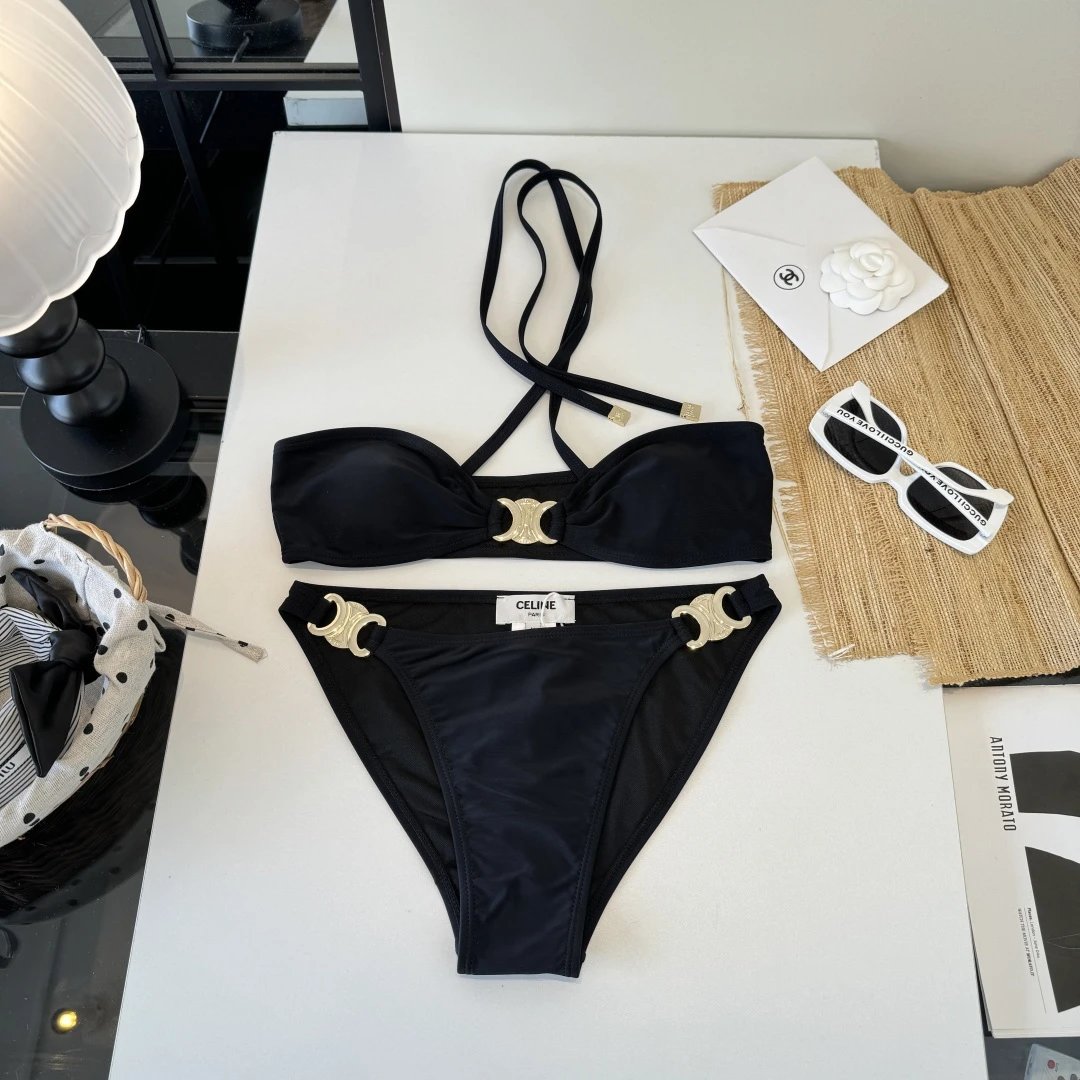 Celine Swimwear Triomphe triangle bikini set — Black
