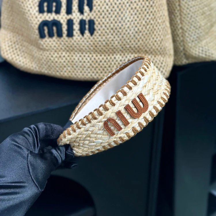 Miu Uncategorized Braided straw wide headband with logo lettering image 3