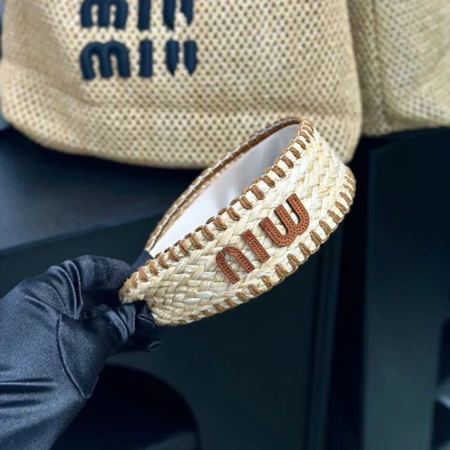 Miu Uncategorized Braided straw wide headband with logo lettering product detail image 3