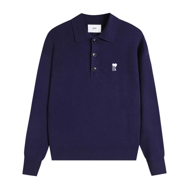 AMI Paris Knitwear de Cœur Polo Collar Knit Sweater — Navy Blue
