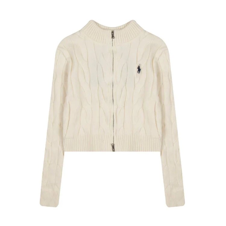 Polo Ralph Lauren Knitwear Cropped cable-knit full-zip mock-neck cardigan — Milky white