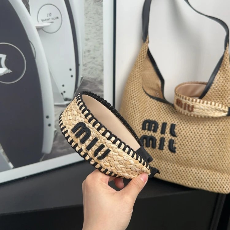 Miu Uncategorized Braided straw wide headband with logo lettering image 4