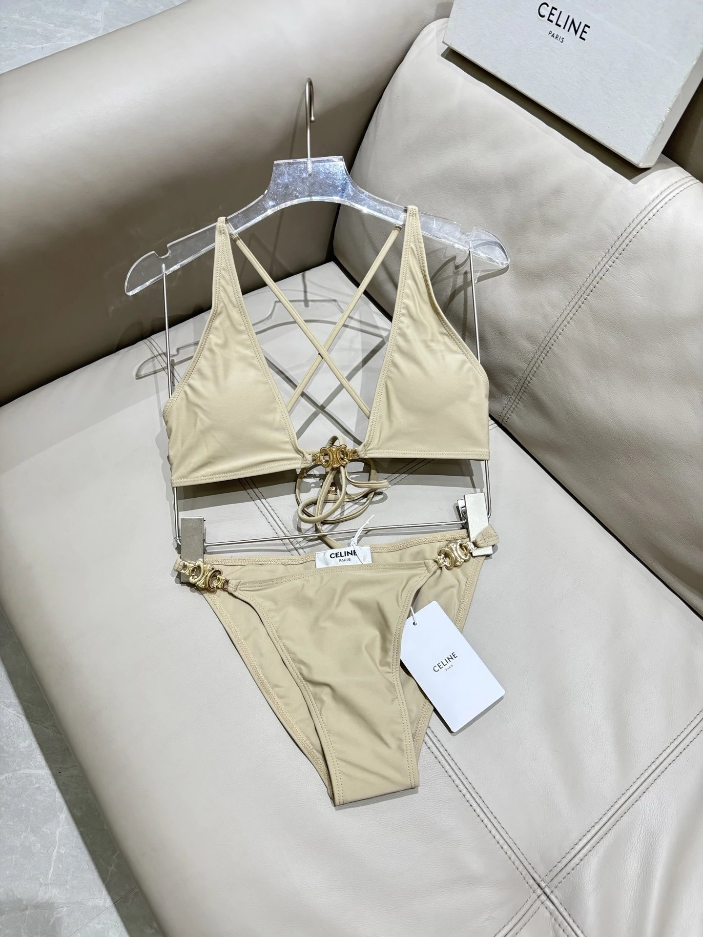 Celine Swimwear Triomphe triangle bikini set — nude color