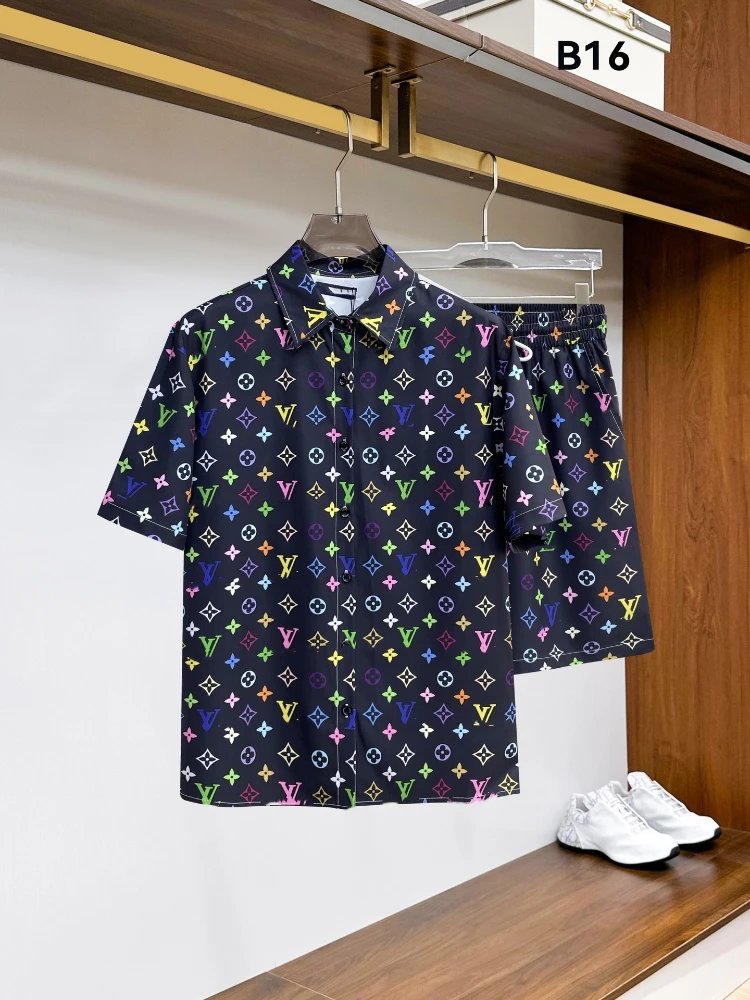 Unbranded Matching Sets Short-Sleeve Button-Front Printed Shirt and Shorts Set — SKU-09-16 Black