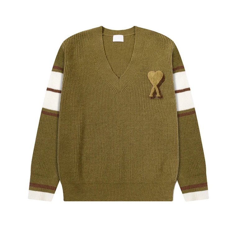 AMI Paris Knitwear V-neck knit sweater with heart applique and striped sleeves — Brownish green