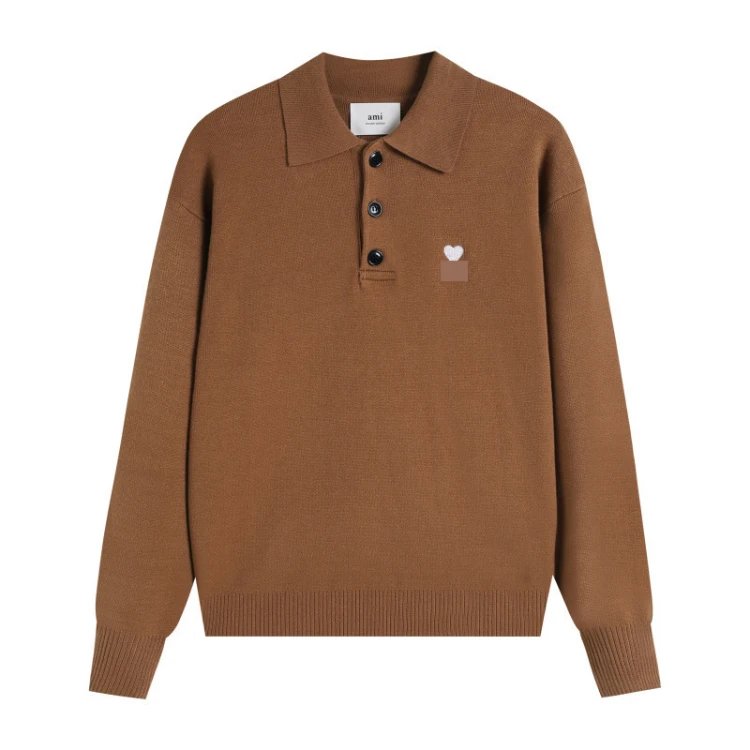 AMI Paris Knitwear de Cœur Polo Collar Knit Sweater — Camel color