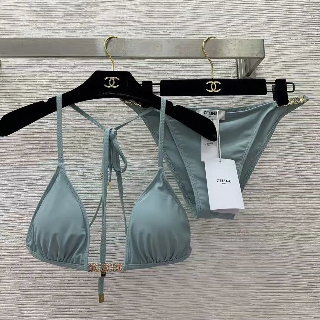 Celine Swimwear Triomphe triangle bikini set — Pale cyan