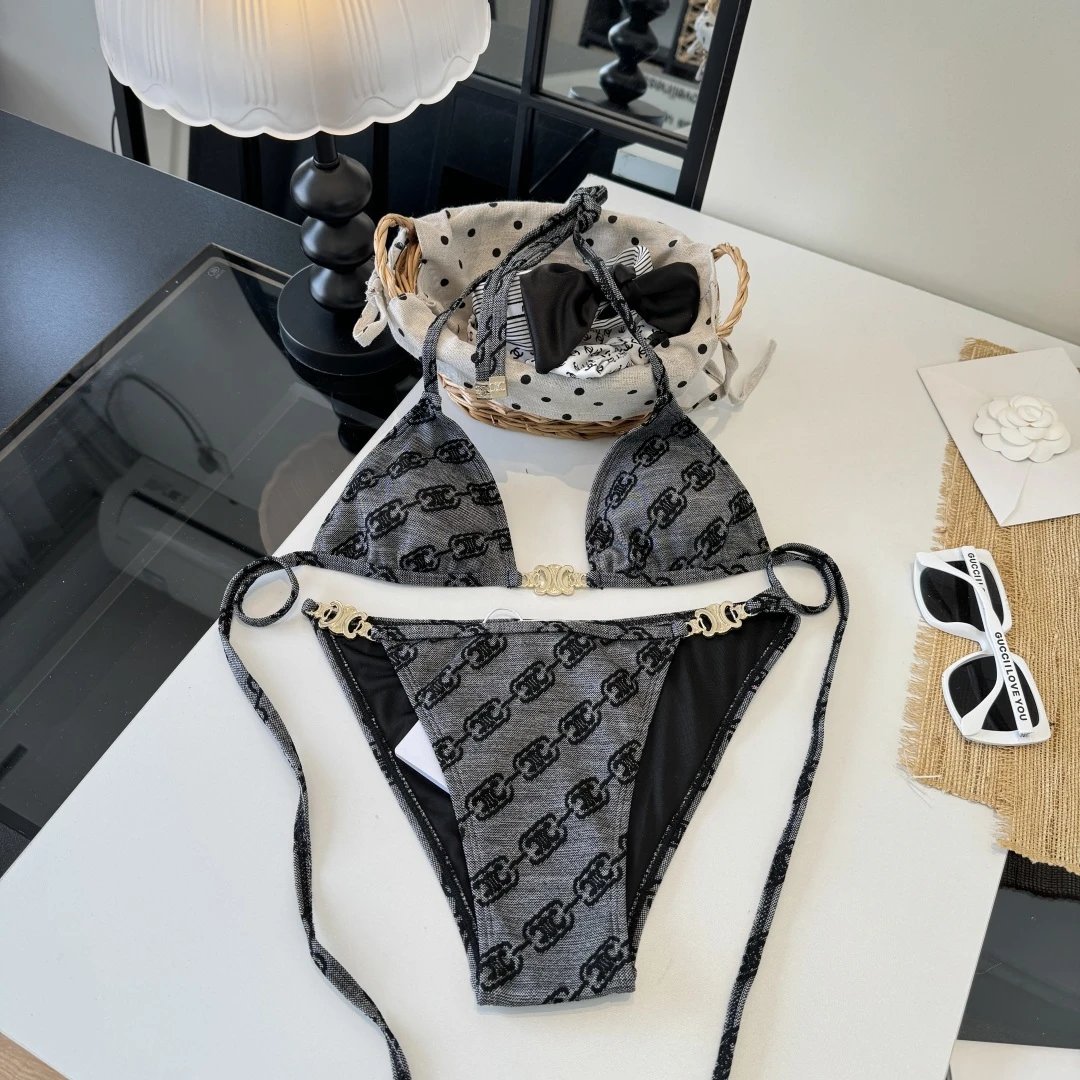 Celine Swimwear Triomphe triangle bikini set — Jacquard