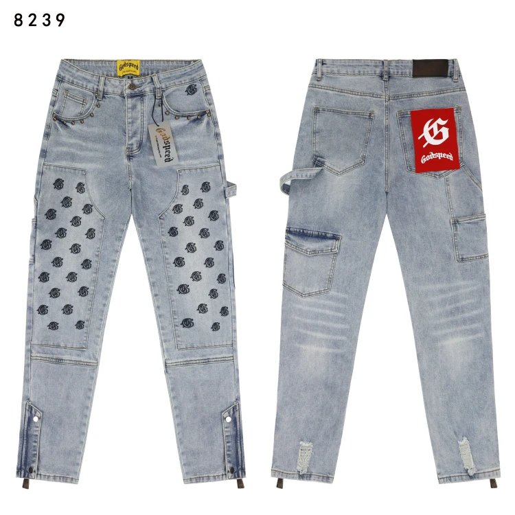 Godspeed Shorts Embroidered logo patchwork distressed denim — SKU-13-OAS8239 Denim Blue