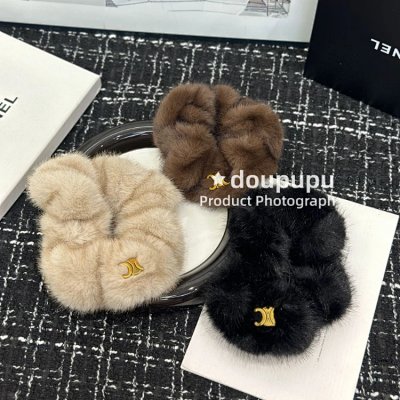 Chanel Logo Faux Fur Hair Scrunchies