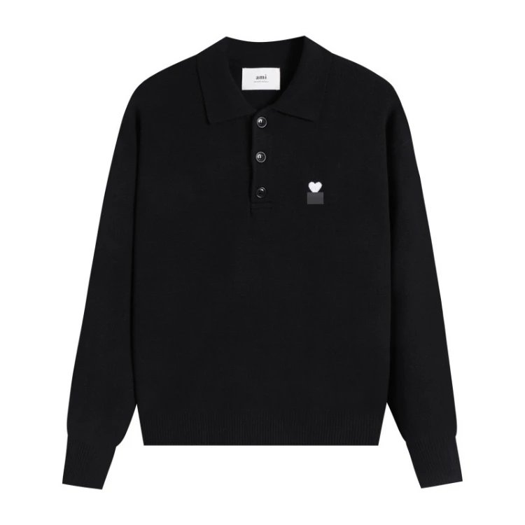 AMI Paris Knitwear de Cœur Polo Collar Knit Sweater — Black