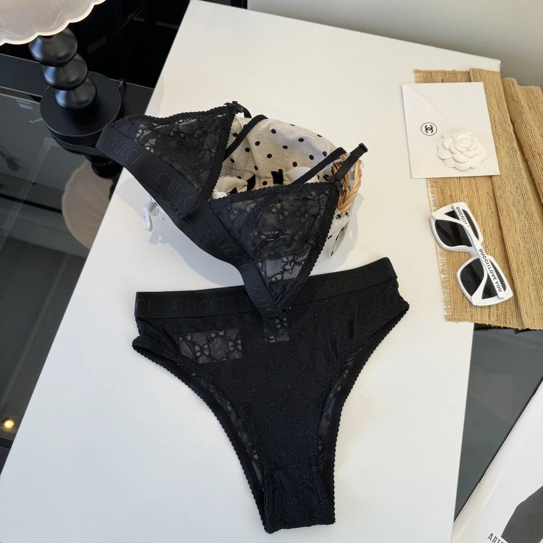 Gucci Underwear Lace Triangle Bralette and High-Cut Briefs Set image 6