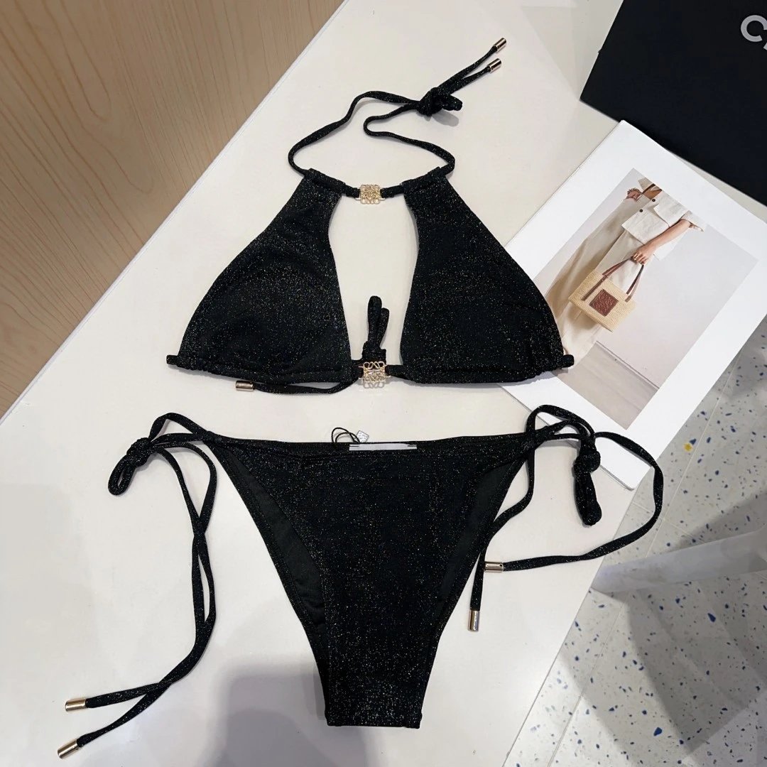 Loewe Swimwear Triangle Bikini Set with Tie-Side Bottoms — Black 1