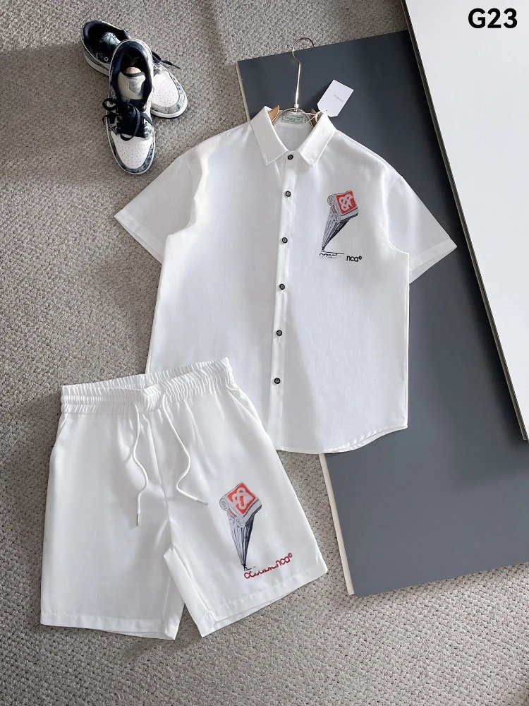 Unbranded Matching Sets Short-Sleeve Button Shirt and Drawstring Shorts Set — SKU-23-G23 White