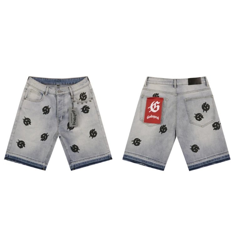 Godspeed Shorts Embroidered logo patchwork distressed denim — SKU-01-OAS8660 Denim Blue