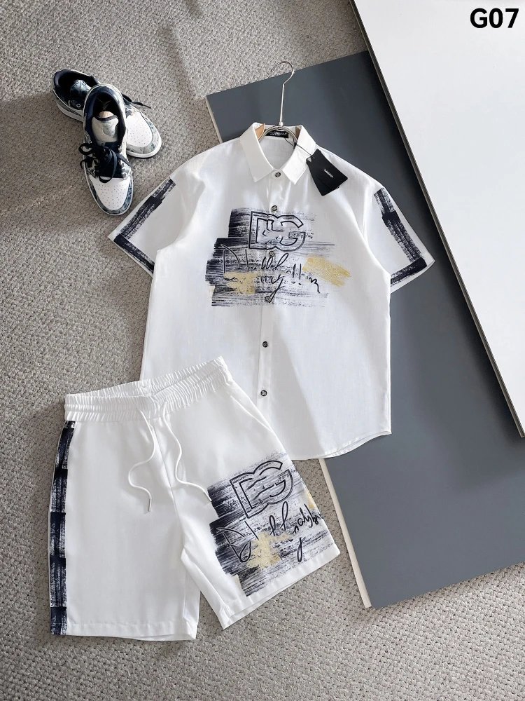 Unbranded Matching Sets Short-Sleeve Button Shirt and Drawstring Shorts Set — SKU-06-G07 White