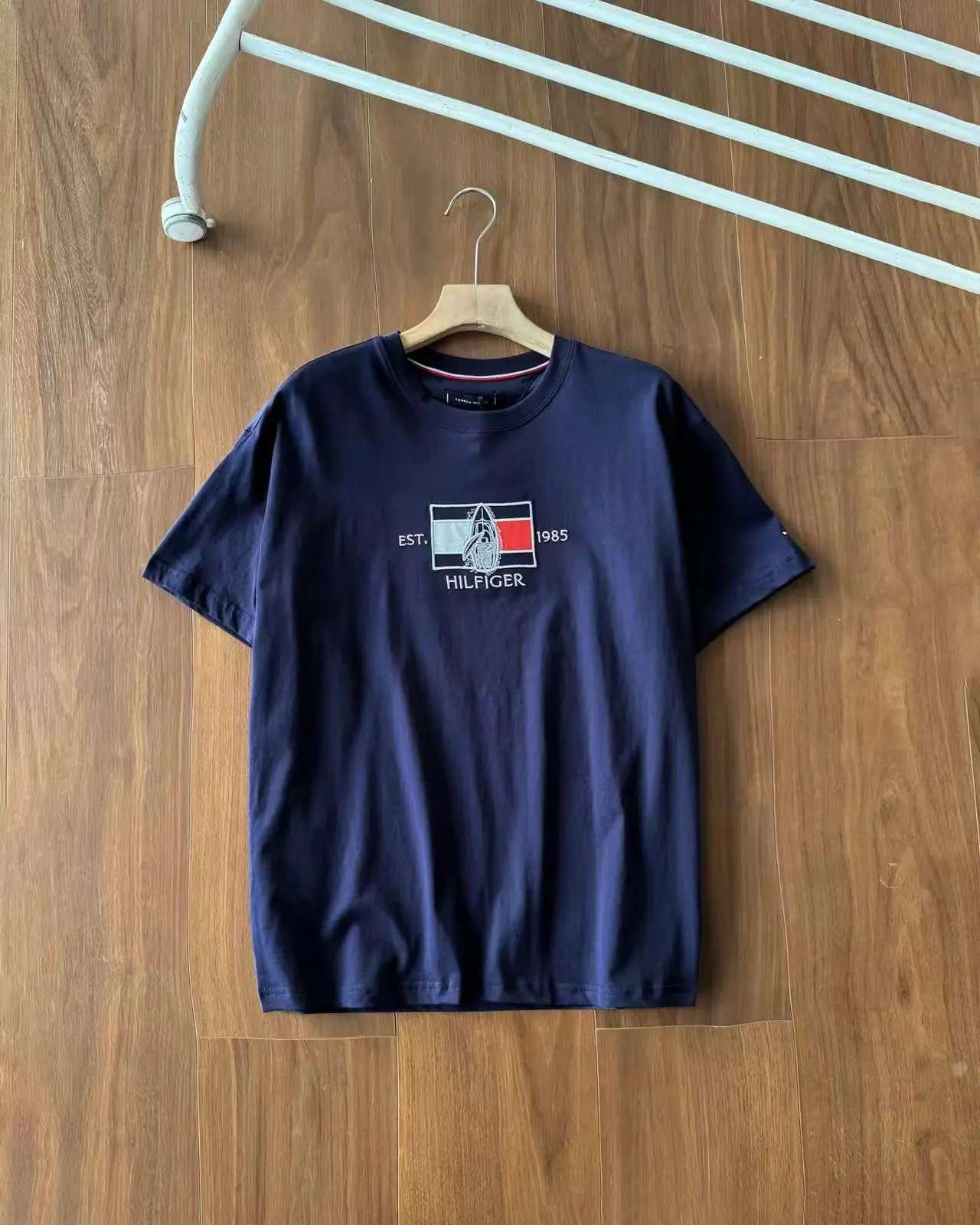 Tommy Hilfiger T-Shirts Crew-Neck Short-Sleeve T-Shirt with Embroidered Flag and Sailboat Graphic — Navy Blue