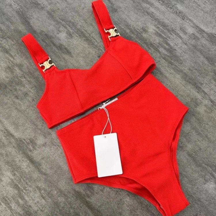 Unbranded Swimwear Ribbed High-Waisted Two-Piece Bikini with Metal Strap Hardware — Red