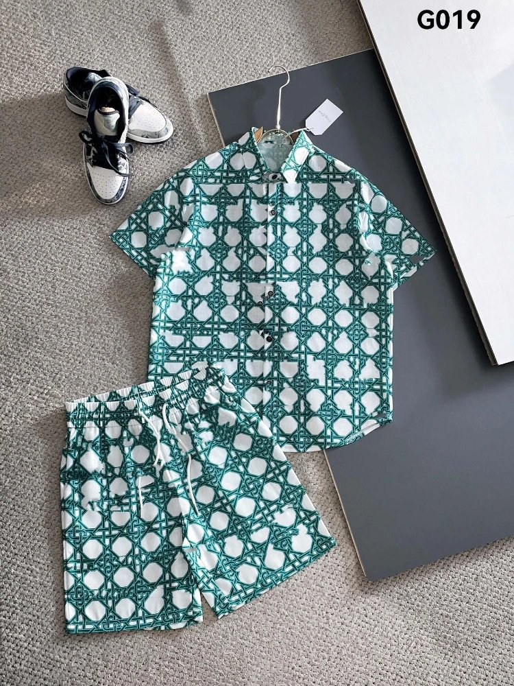 Unbranded Matching Sets Short-Sleeve Button Shirt and Drawstring Shorts Set — SKU-19-G019 Green