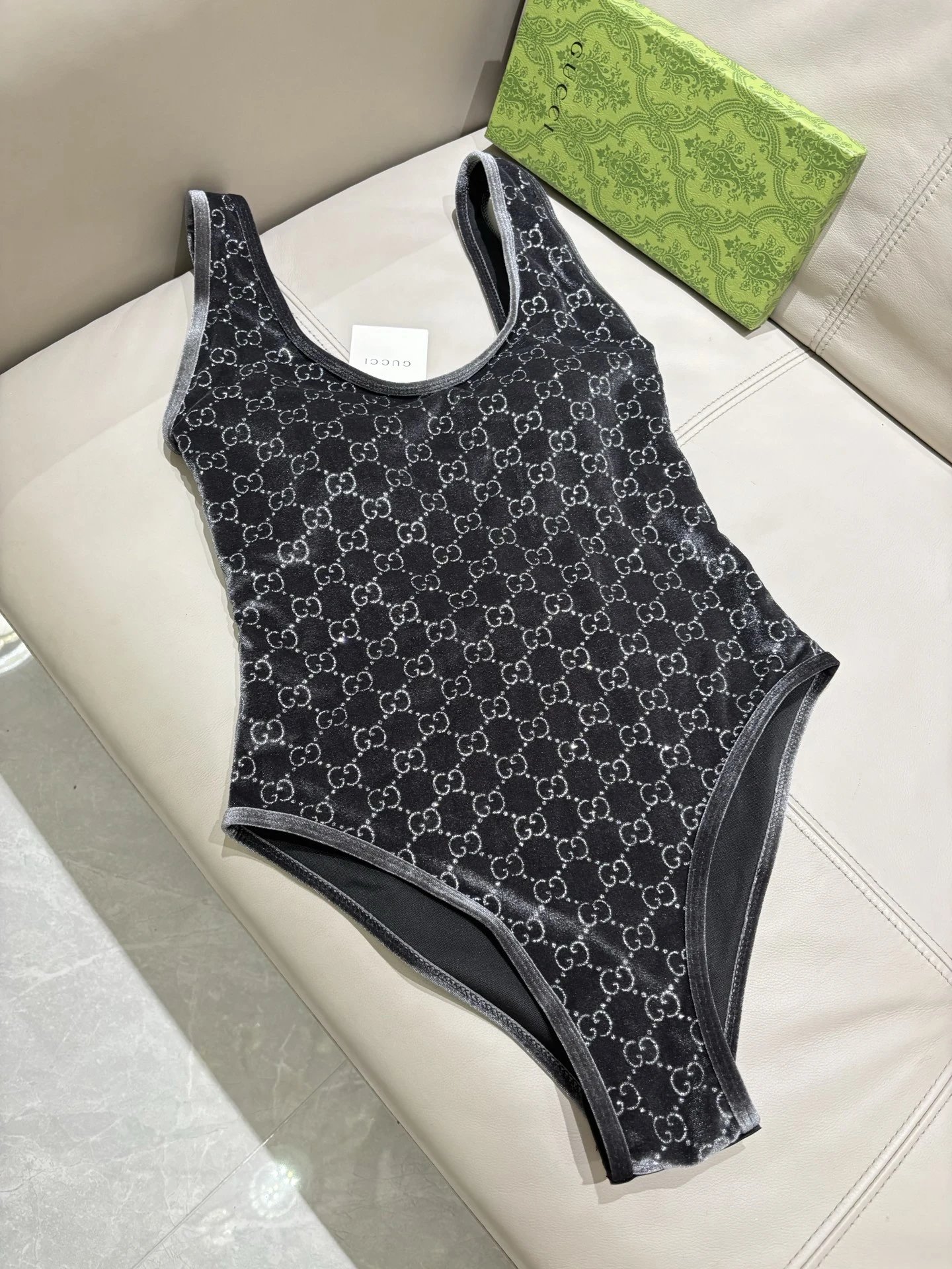 Gucci Swimwear Velvet GG Monogram One-Piece Swimsuit — gray