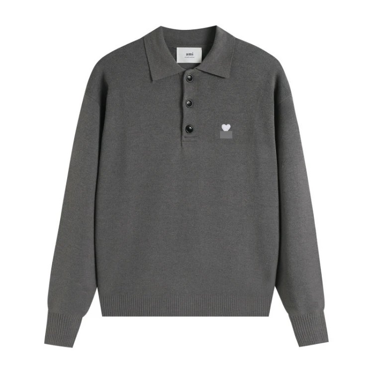 AMI Paris Knitwear de Cœur Polo Collar Knit Sweater — Dark gray