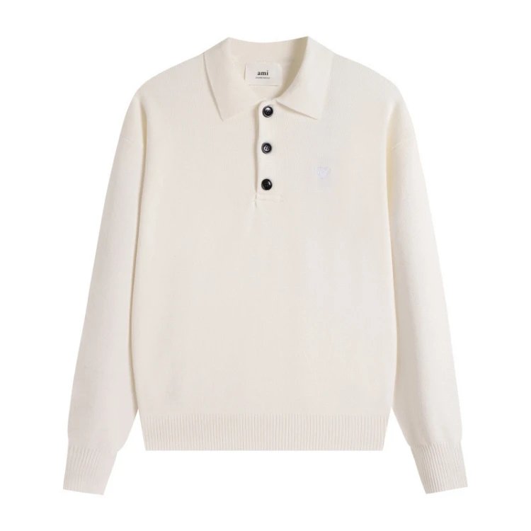 AMI Paris Knitwear de Cœur Polo Collar Knit Sweater — white