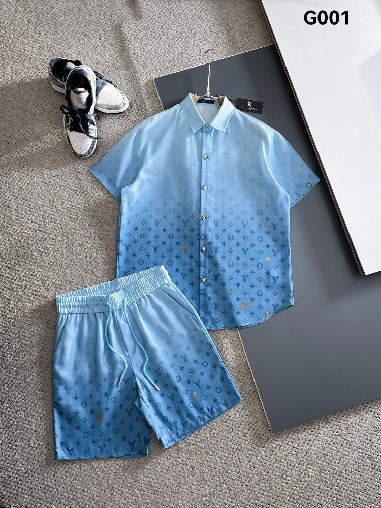 Unbranded Matching Sets Short-Sleeve Button Shirt and Drawstring Shorts Set — SKU-01-G001 Blue