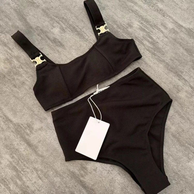 Unbranded Swimwear Ribbed High-Waisted Two-Piece Bikini with Metal Strap Hardware — Black