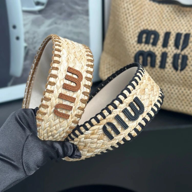 Miu Uncategorized Braided straw wide headband with logo lettering image 2