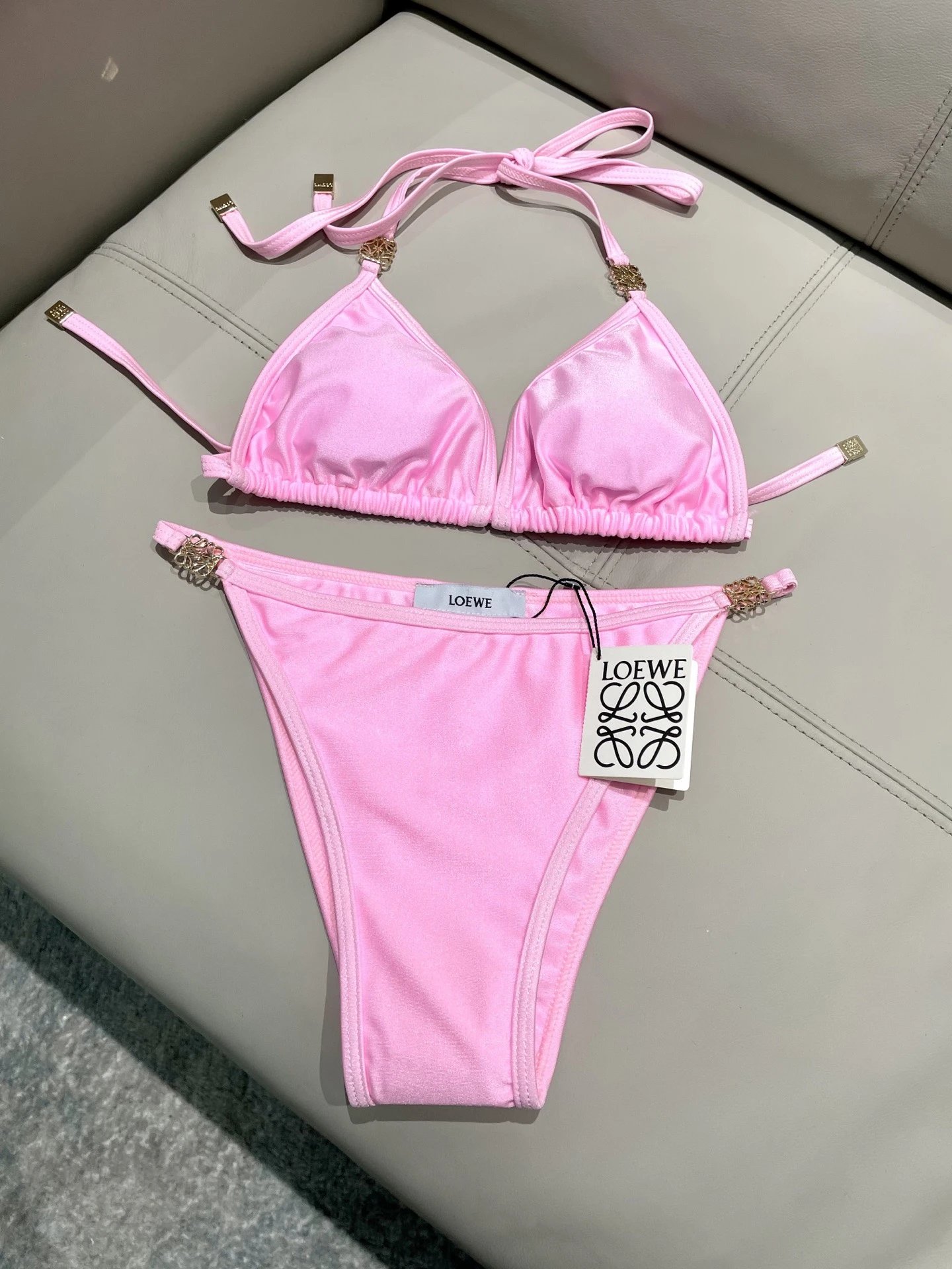 Loewe Swimwear Triangle Bikini Set with Tie-Side Bottoms — Pink