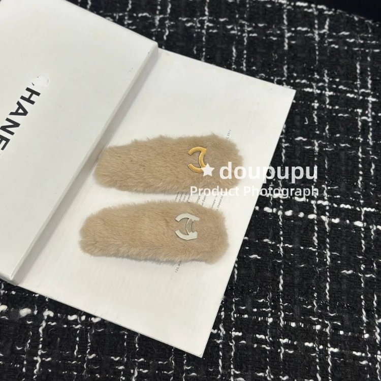 Chanel Uncategorized 6246 Faux-Fur Hair Clip Pair — SKU-03-Double C Apricot “Pair”