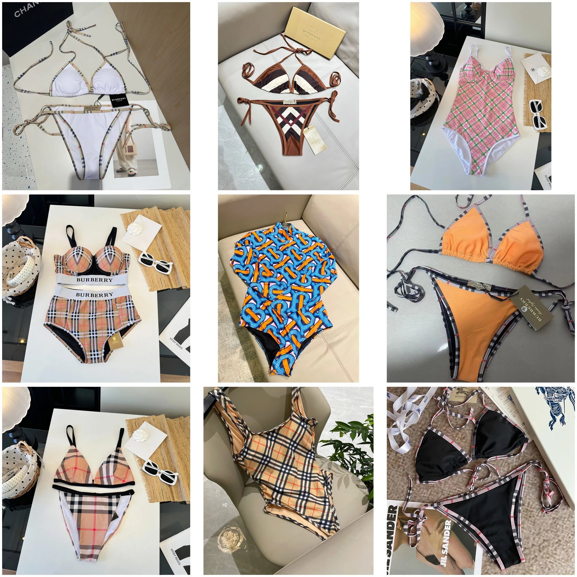 Burberry Swimwear Plaid-Trim Triangle Bikini Set image 1
