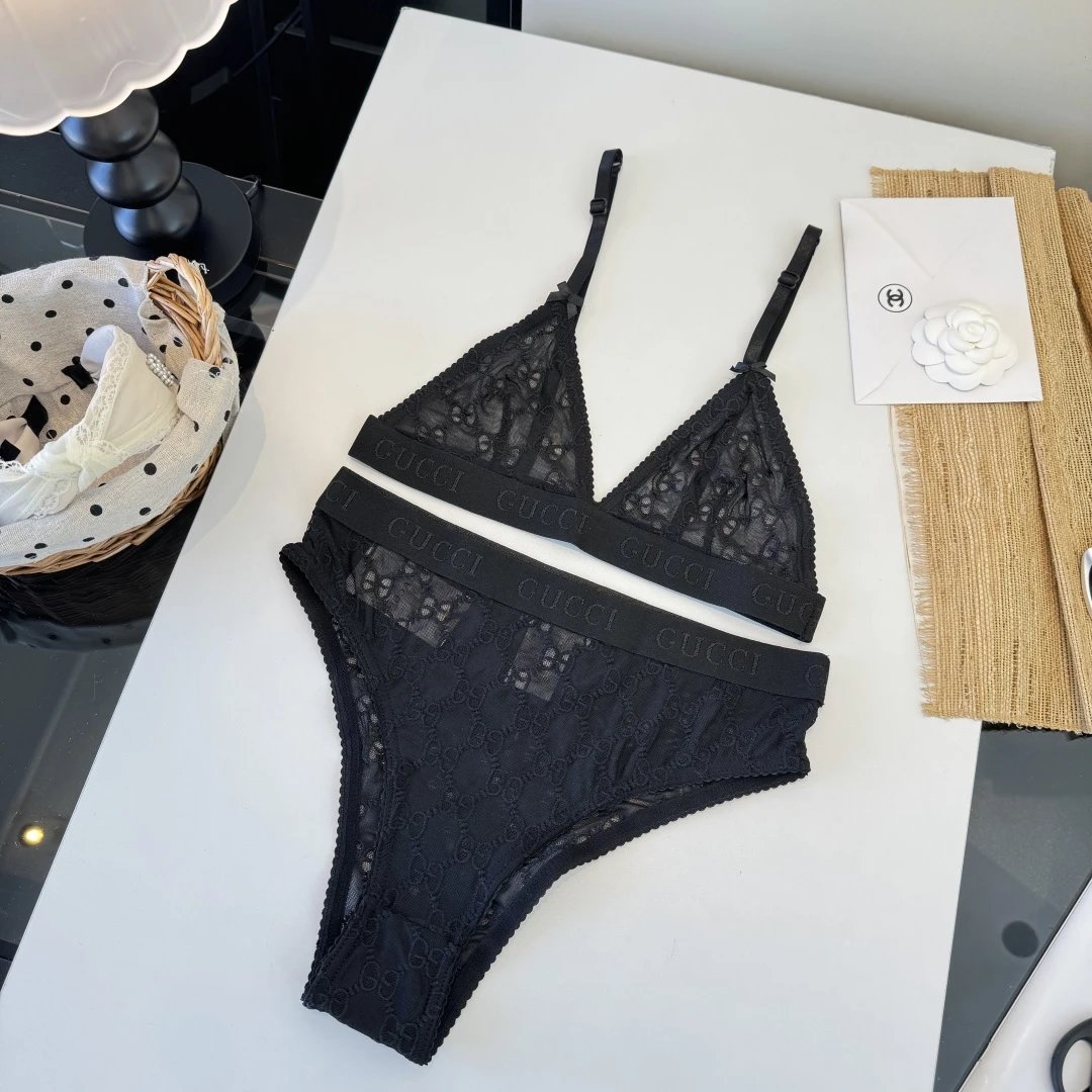Gucci Underwear Lace Triangle Bralette and High-Cut Briefs Set — 1