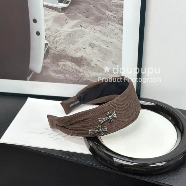 Unbranded Uncategorized Wide ribbed knotted headband with cross charms — SKU-03-Brown