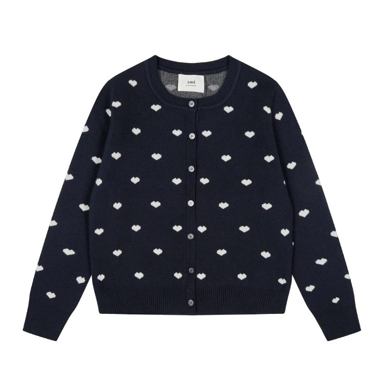 AMI Knitwear Heart Jacquard Button Cardigan — SKU-05-Navy with White Center