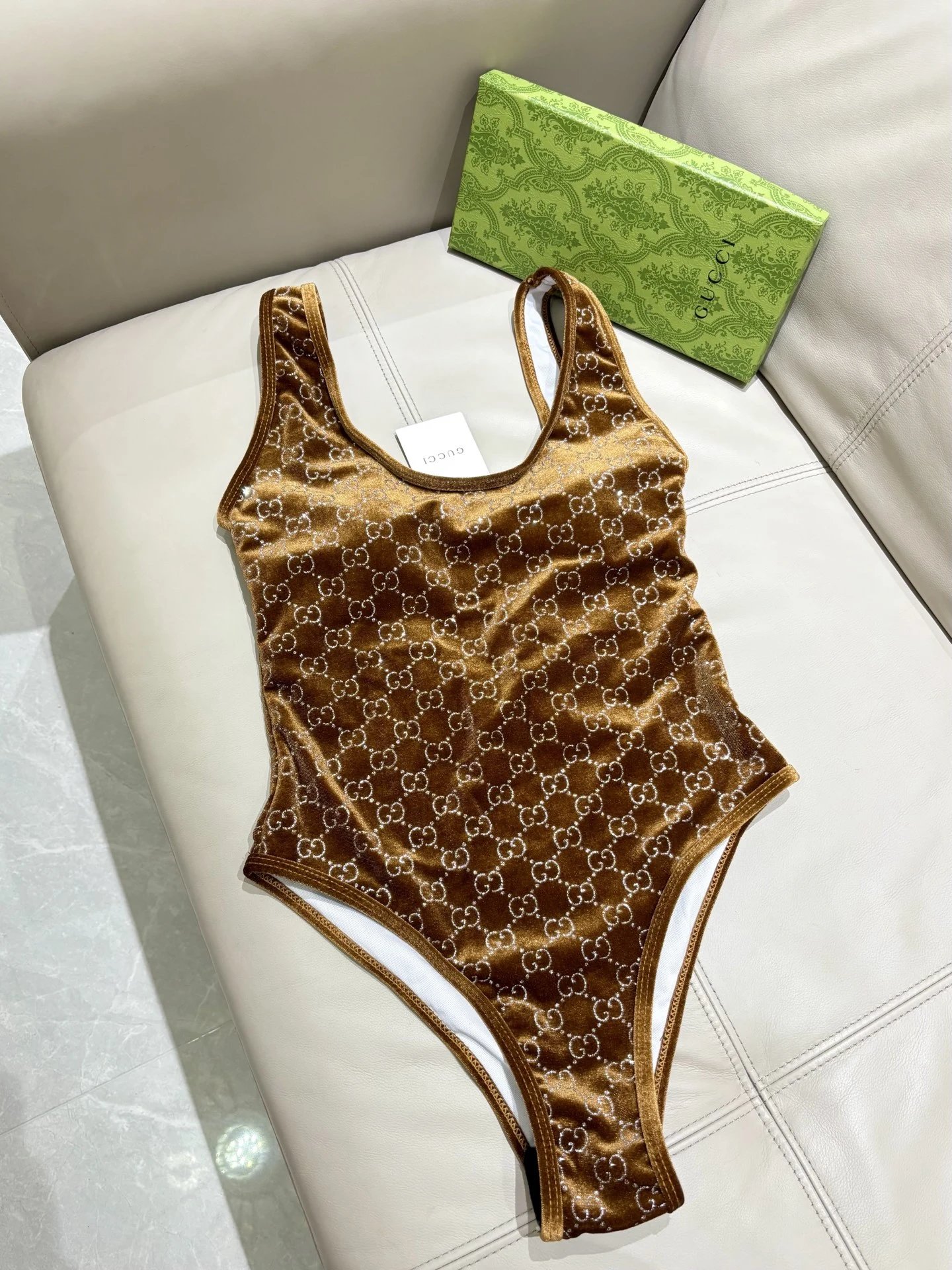 Gucci Swimwear Velvet GG Monogram One-Piece Swimsuit — Yellow