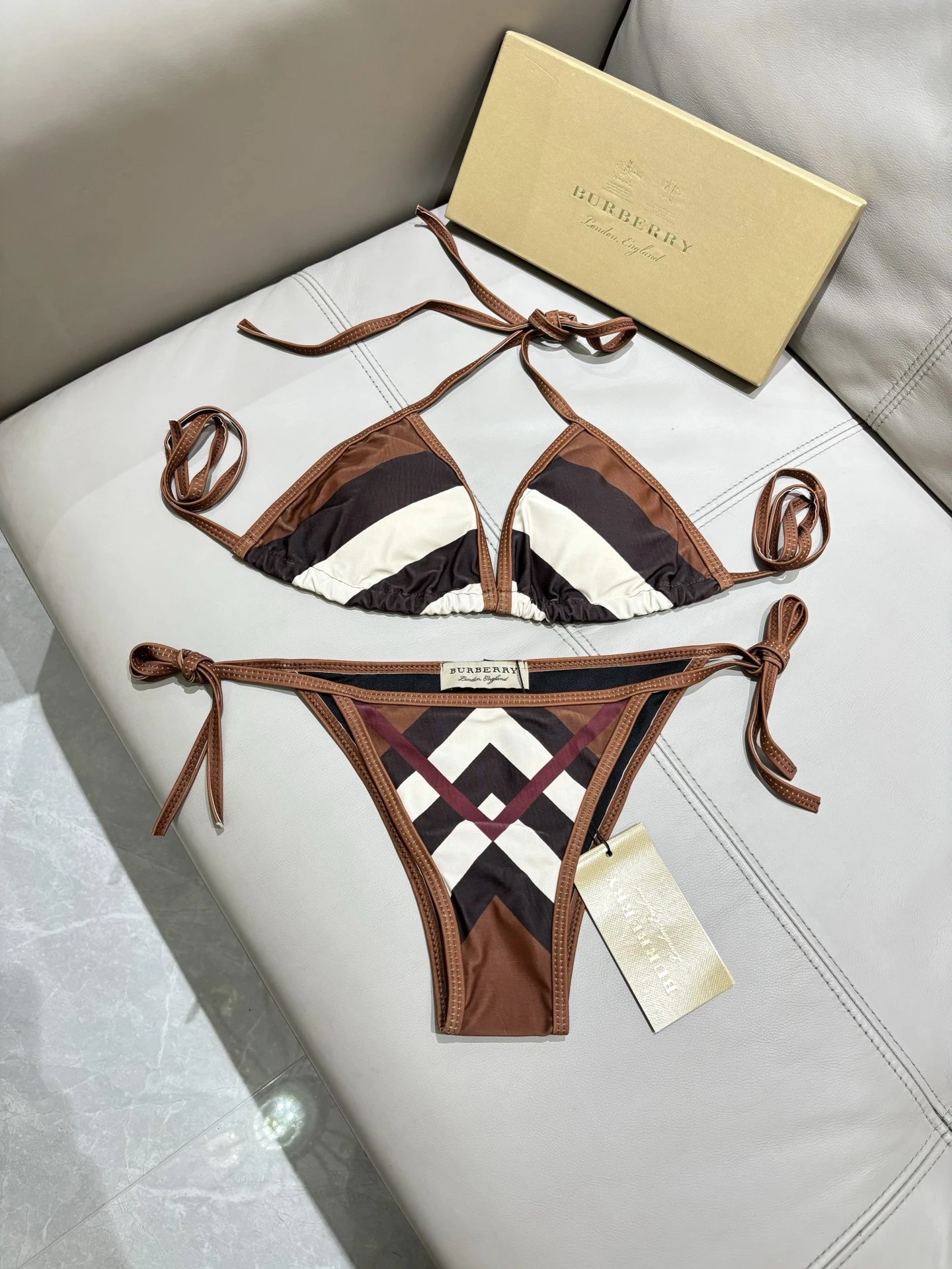 Burberry Swimwear Plaid-Trim Triangle Bikini Set — 05