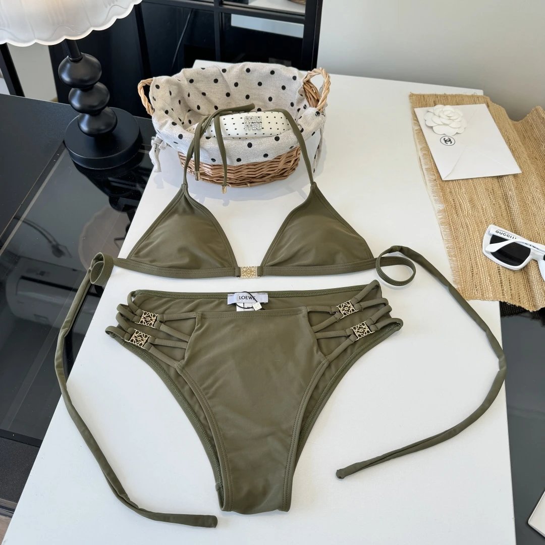 Loewe Swimwear Triangle Bikini Set with Tie-Side Bottoms — Mustard green