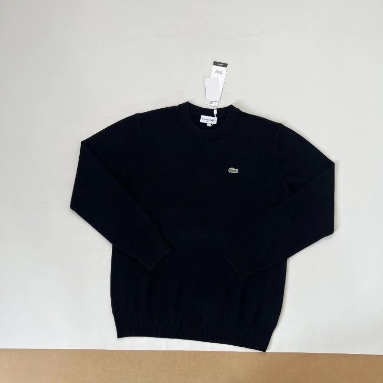 Lacoste Knitwear Crew-Neck Crocodile Logo Knit Sweater — Black