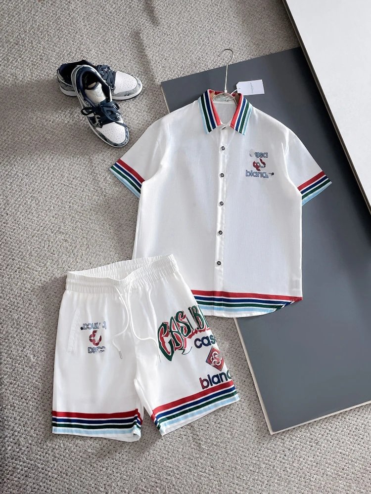 Unbranded Matching Sets Short-Sleeve Button Shirt and Drawstring Shorts Set — SKU-24-G24 White