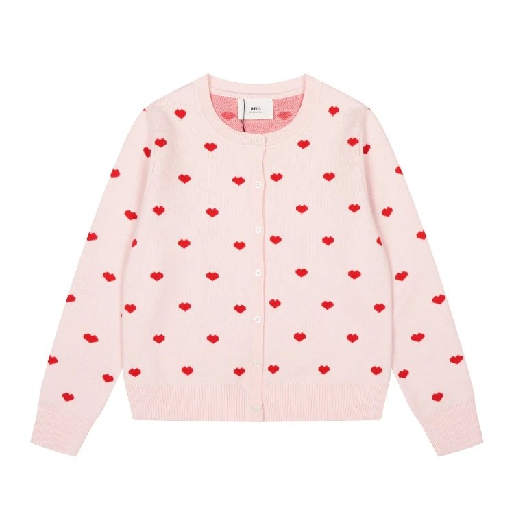 AMI Knitwear Heart Jacquard Button Cardigan — SKU-06-Pink Red Heart