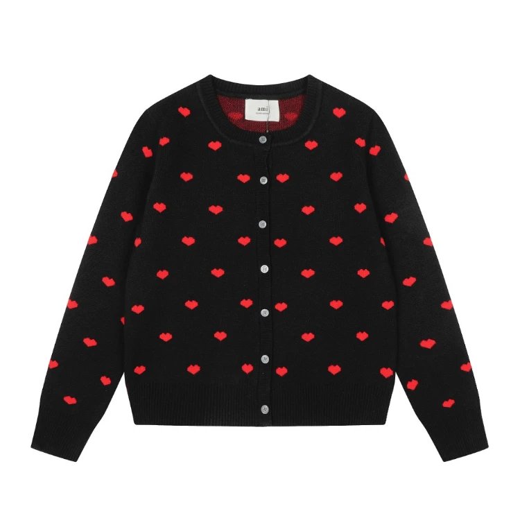 AMI Knitwear Heart Jacquard Button Cardigan — SKU-02-Black with Red Heart