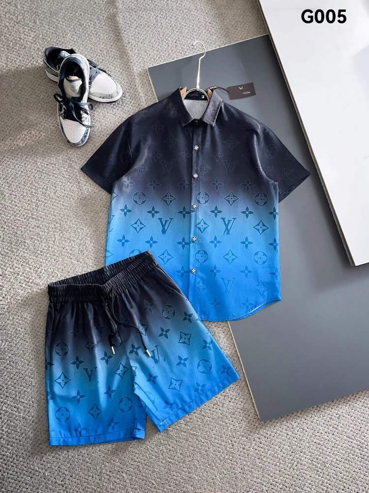 Unbranded Matching Sets Short-Sleeve Button Shirt and Drawstring Shorts Set — SKU-05-G005 Blue