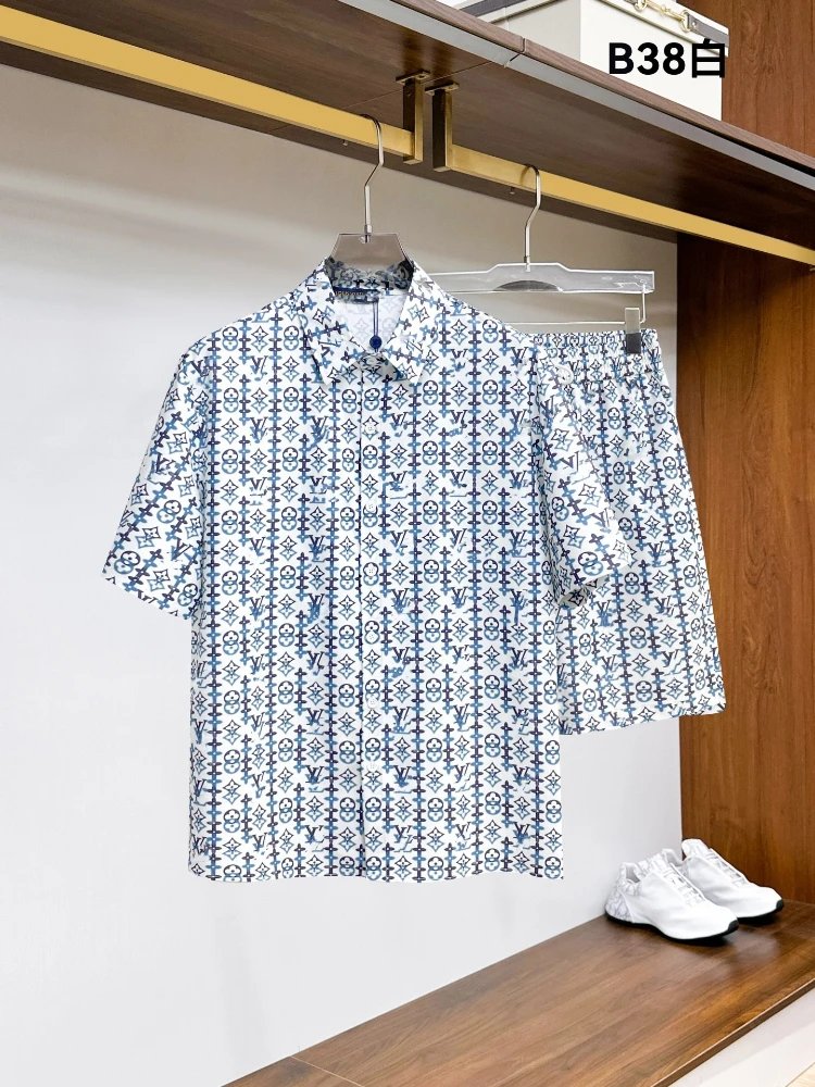 Unbranded Matching Sets Short-Sleeve Button-Front Printed Shirt and Shorts Set — SKU-18-38 Light Blue
