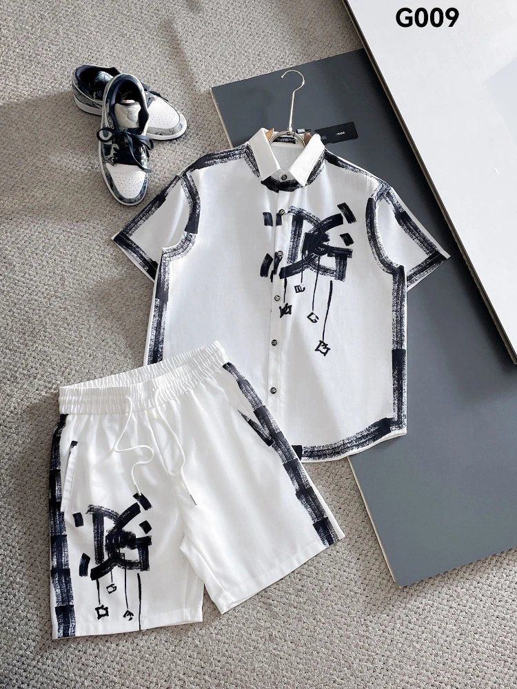 Unbranded Matching Sets Short-Sleeve Button Shirt and Drawstring Shorts Set — SKU-08-G009 White