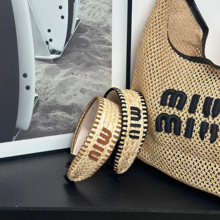 Miu Uncategorized Braided straw wide headband with logo lettering image 6